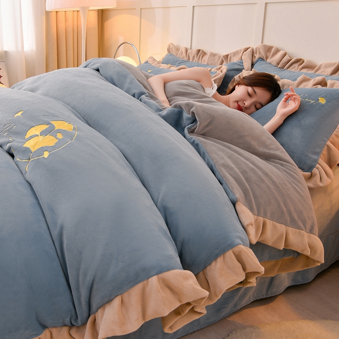 氧家 2025新款高克重牛奶绒拼角刺绣床单床笠床盖款四件套-星语 星语-蓝