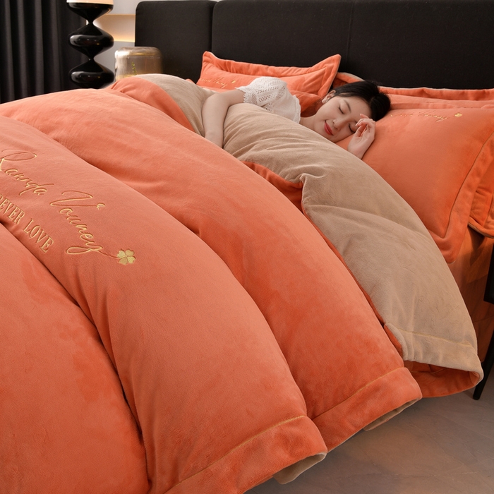 氧家 2025新款高克重牛奶绒拼角刺绣床单床笠床盖款四件套-经典 经典-橙