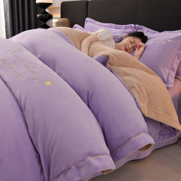 氧家 2025新款高克重牛奶绒拼角刺绣床单床笠床盖款四件套-经典 经典-紫