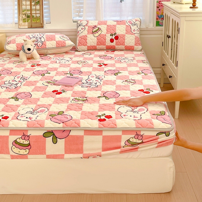 富馨莱 2025新款牛奶绒夹棉床笠支持一件定做 桃子兔兔-夹棉