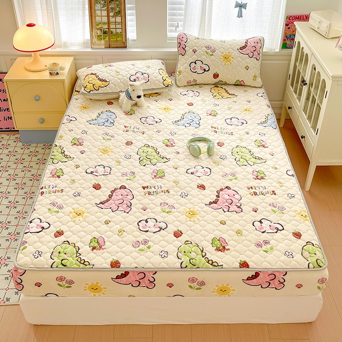 91家纺网 家纺一手货源 找家纺 富馨莱 2025新款牛奶绒夹棉床笠支持一件定做 淘气恐龙-夹棉