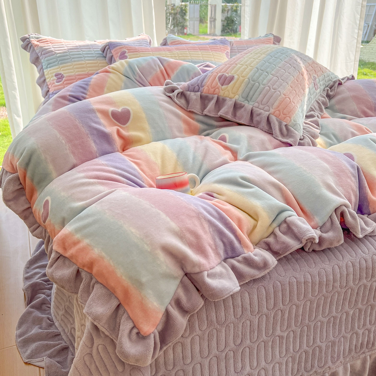 91家纺网 家纺一手货源 找家纺 美梦家纺 2025新款花边牛奶绒床盖四件套 彩虹条-紫