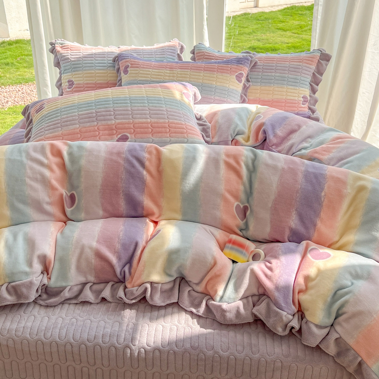 91家纺网 家纺一手货源 找家纺 美梦家纺 2025新款花边牛奶绒床盖四件套 彩虹条-紫