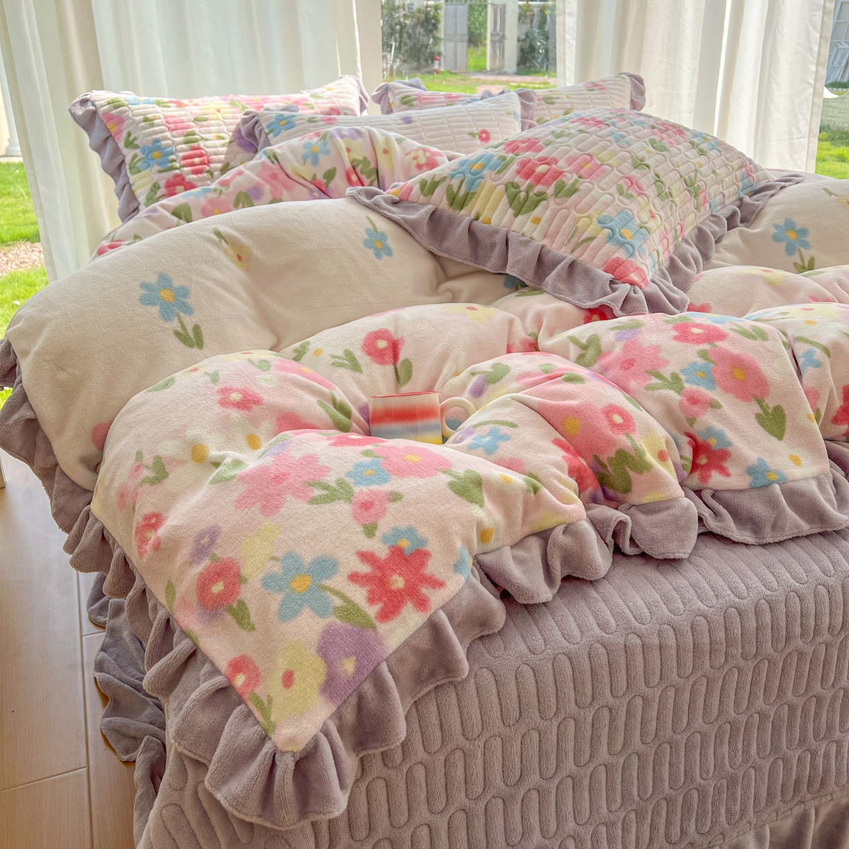 91家纺网 家纺一手货源 找家纺 美梦家纺 2025新款花边牛奶绒床盖四件套 梦回花田粉