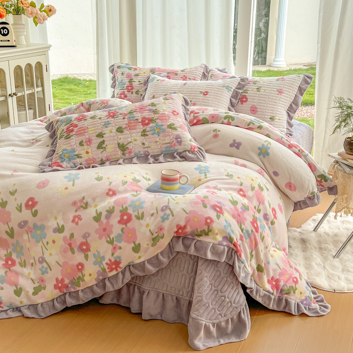 91家纺网 家纺一手货源 找家纺 美梦家纺 2025新款花边牛奶绒床盖四件套 梦回花田粉