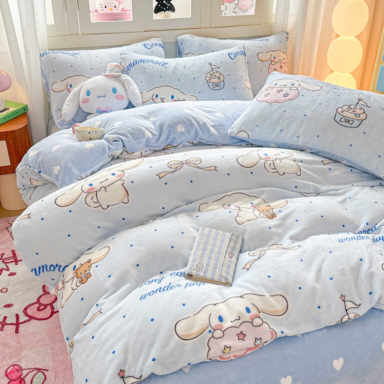 91家纺网 家纺一手货源 找家纺 博雅 2025新款三丽鸥正版授权高克重牛奶绒小版四件套提供买家秀 牛奶绒小版-点点玉桂狗