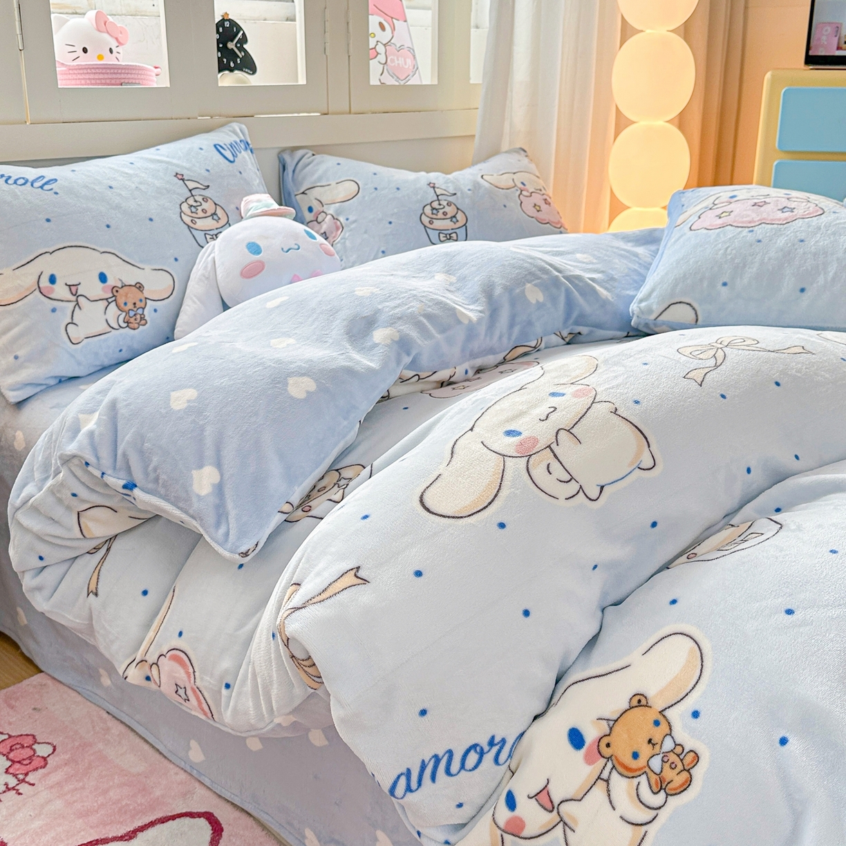 91家纺网 家纺一手货源 找家纺 博雅 2025新款三丽鸥正版授权高克重牛奶绒小版四件套提供买家秀 牛奶绒小版-点点玉桂狗