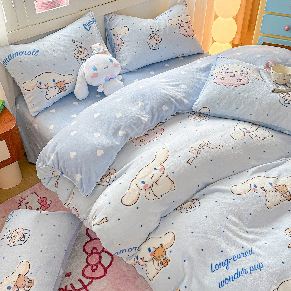 91家纺网 家纺一手货源 找家纺 博雅 2025新款三丽鸥正版授权高克重牛奶绒小版四件套提供买家秀 牛奶绒小版-点点玉桂狗