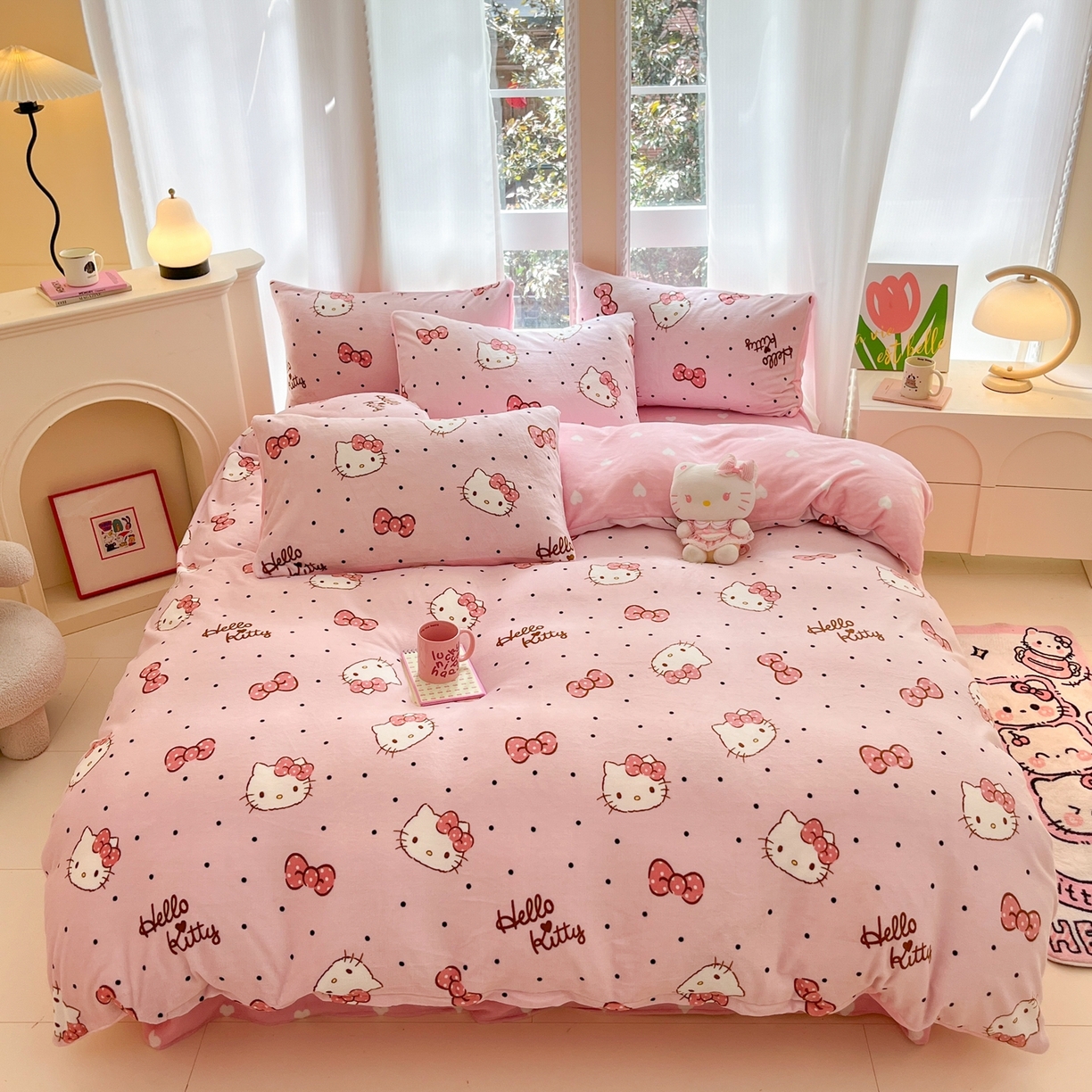 91家纺网 家纺一手货源 找家纺 博雅 2025新款三丽鸥正版授权高克重牛奶绒小版四件套提供买家秀 牛奶绒小版-粉色蝴蝶结 kt 猫