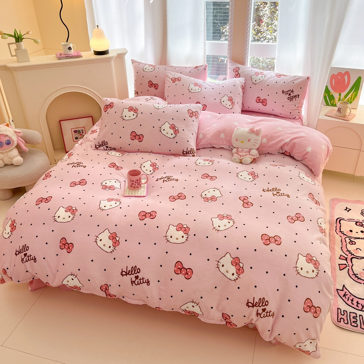 91家纺网 家纺一手货源 找家纺 博雅 2025新款三丽鸥正版授权高克重牛奶绒小版四件套提供买家秀 牛奶绒小版-粉色蝴蝶结 kt 猫