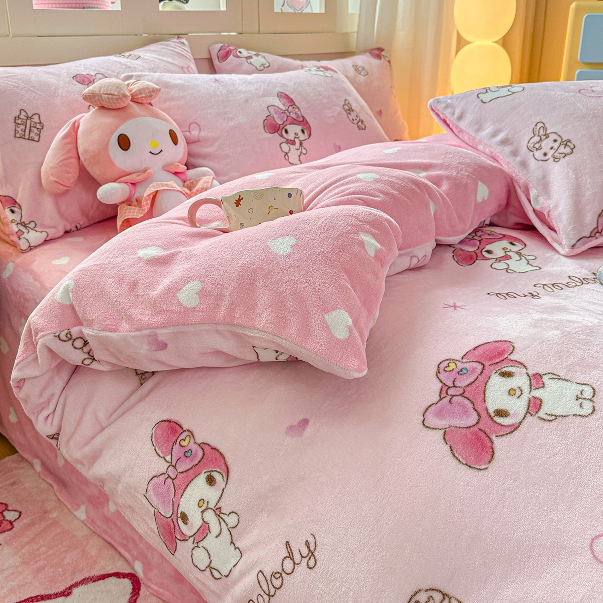 91家纺网 家纺一手货源 找家纺 博雅 2025新款三丽鸥正版授权高克重牛奶绒小版四件套提供买家秀 牛奶绒小版-粉色美乐蒂