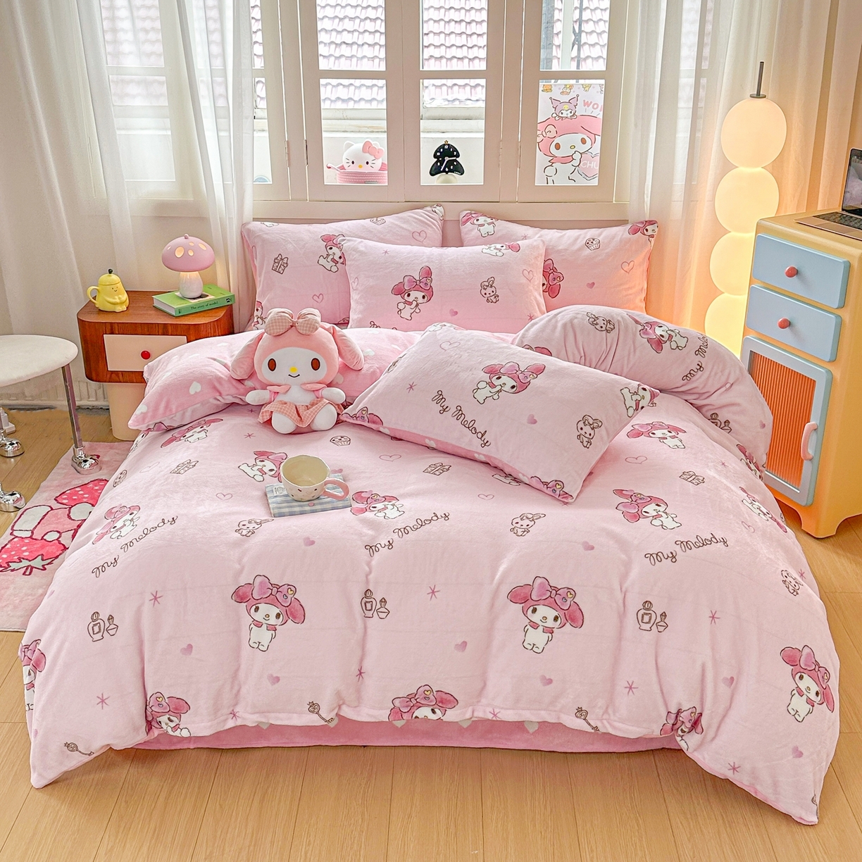 91家纺网 家纺一手货源 找家纺 博雅 2025新款三丽鸥正版授权高克重牛奶绒小版四件套提供买家秀 牛奶绒小版-粉色美乐蒂