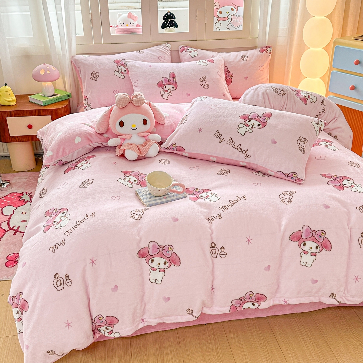 91家纺网 家纺一手货源 找家纺 博雅 2025新款三丽鸥正版授权高克重牛奶绒小版四件套提供买家秀 牛奶绒小版-粉色美乐蒂