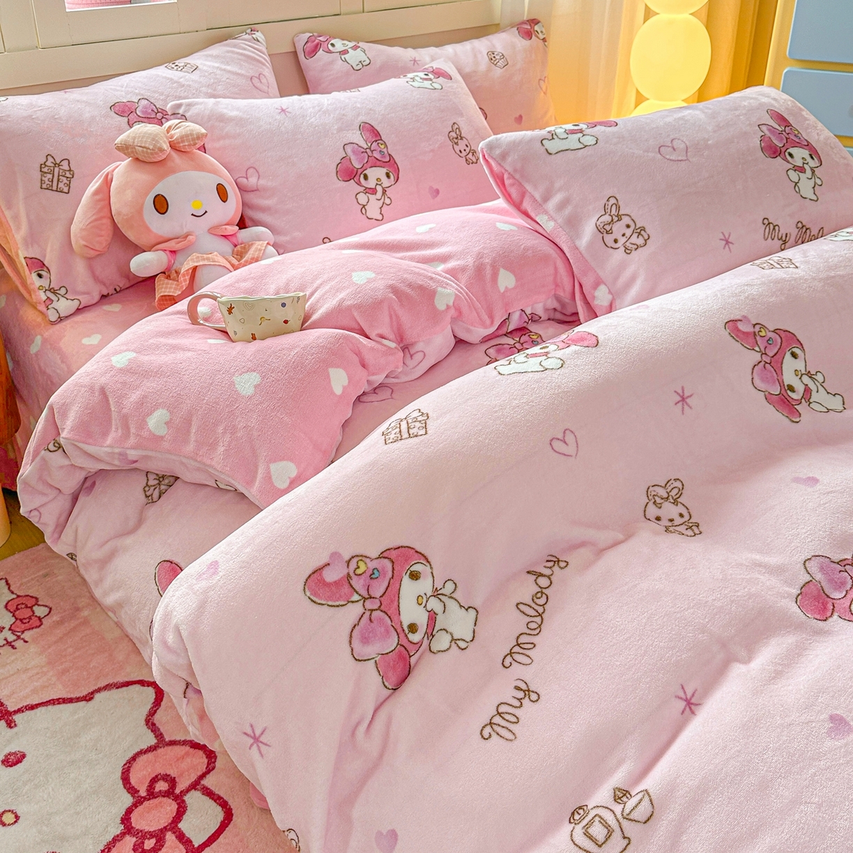 91家纺网 家纺一手货源 找家纺 博雅 2025新款三丽鸥正版授权高克重牛奶绒小版四件套提供买家秀 牛奶绒小版-粉色美乐蒂