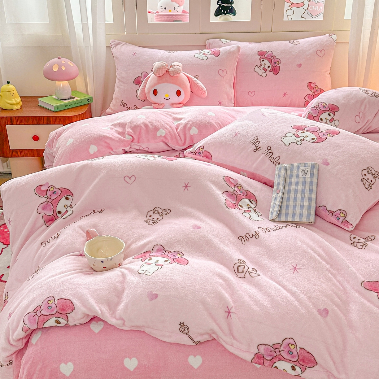 91家纺网 家纺一手货源 找家纺 博雅 2025新款三丽鸥正版授权高克重牛奶绒小版四件套提供买家秀 牛奶绒小版-粉色美乐蒂