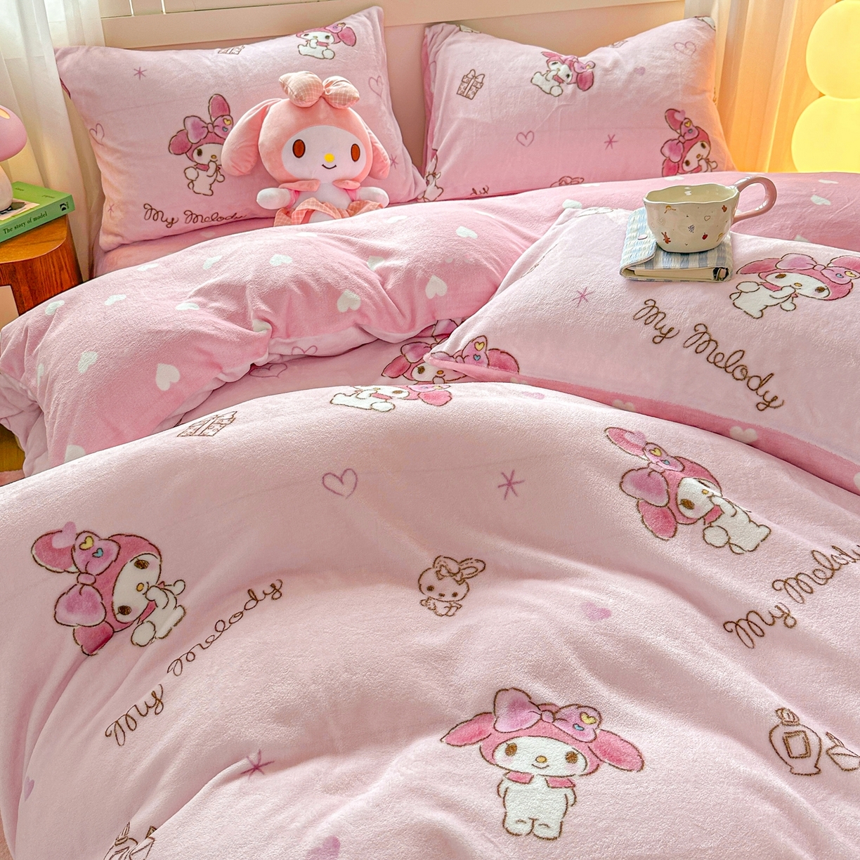 91家纺网 家纺一手货源 找家纺 博雅 2025新款三丽鸥正版授权高克重牛奶绒小版四件套提供买家秀 牛奶绒小版-粉色美乐蒂