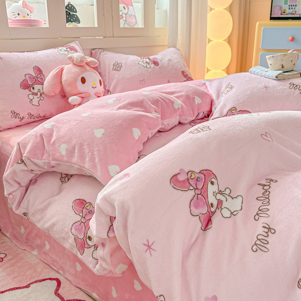 91家纺网 家纺一手货源 找家纺 博雅 2025新款三丽鸥正版授权高克重牛奶绒小版四件套提供买家秀 牛奶绒小版-粉色美乐蒂