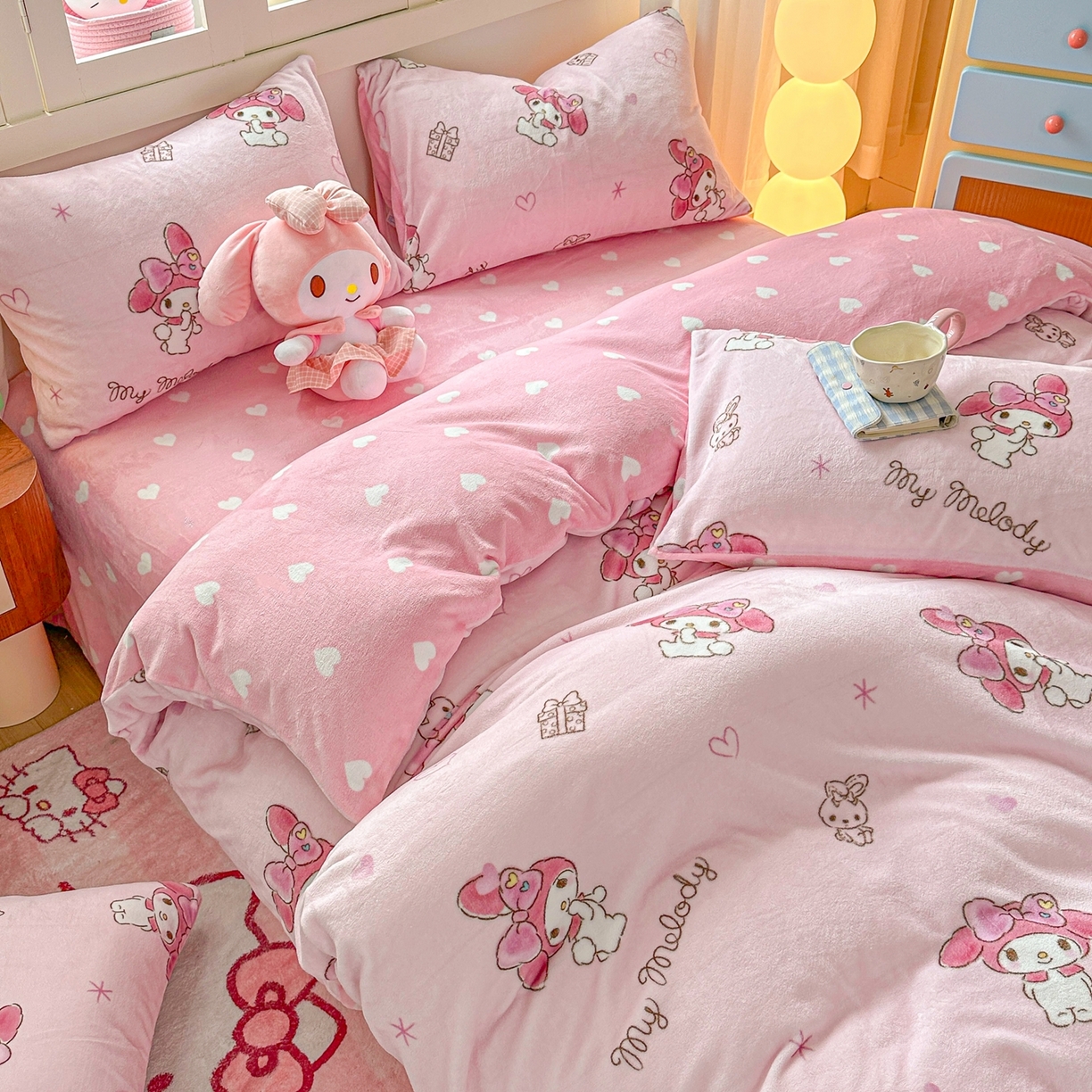 91家纺网 家纺一手货源 找家纺 博雅 2025新款三丽鸥正版授权高克重牛奶绒小版四件套提供买家秀 牛奶绒小版-粉色美乐蒂