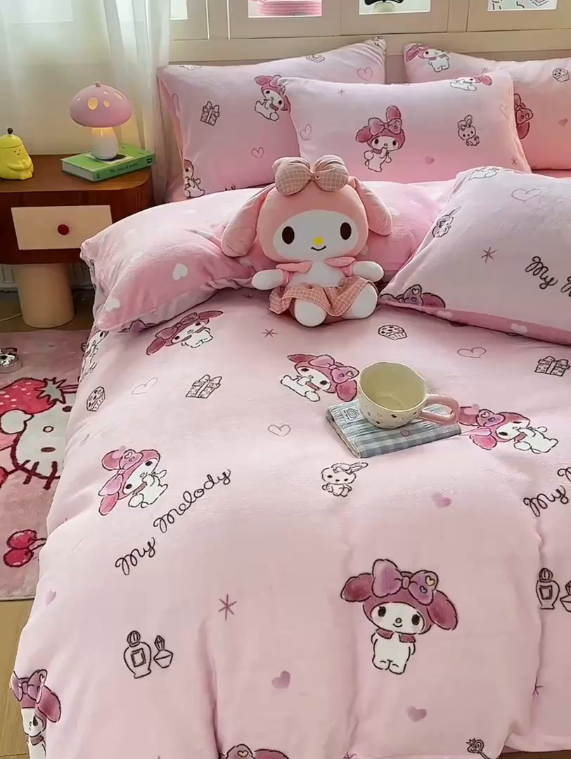 91家纺网 家纺一手货源 找家纺 博雅 2025新款三丽鸥正版授权高克重牛奶绒小版四件套提供买家秀 牛奶绒小版-粉色美乐蒂