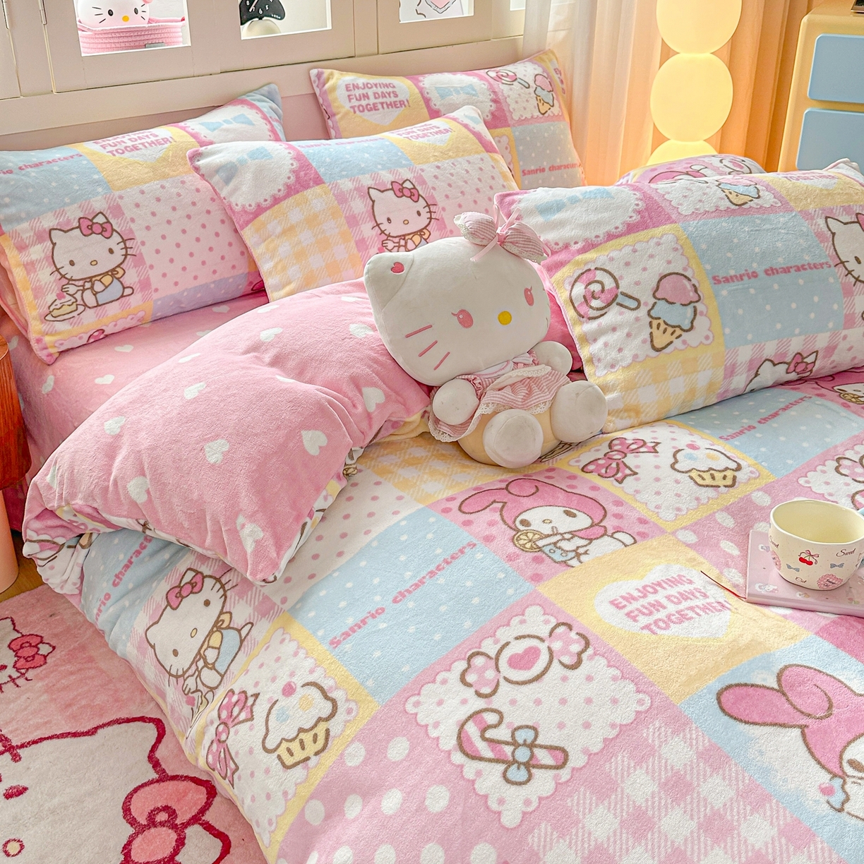 91家纺网 家纺一手货源 找家纺 博雅 2025新款三丽鸥正版授权高克重牛奶绒小版四件套提供买家秀 牛奶绒小版-粉色美乐蒂KT猫