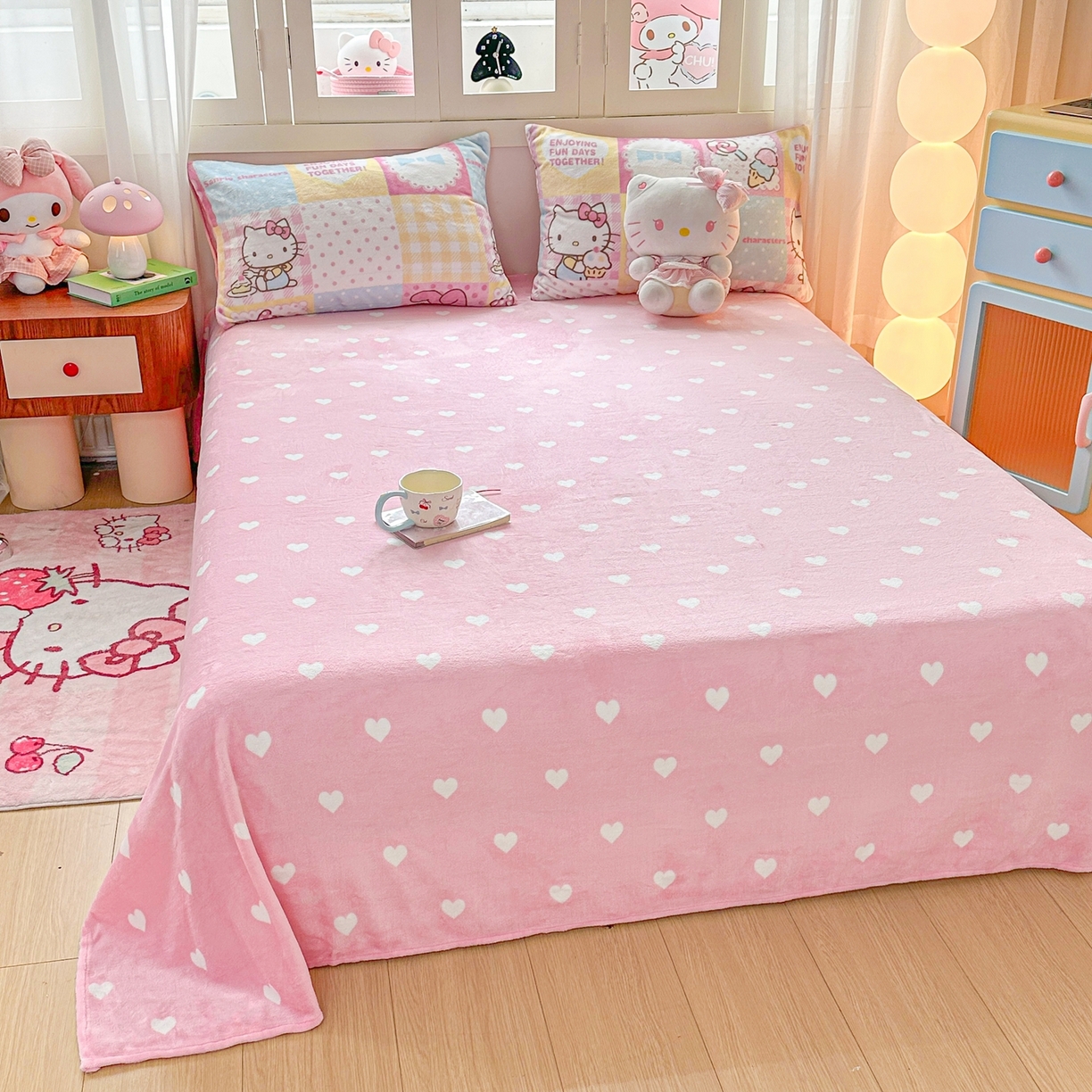 91家纺网 家纺一手货源 找家纺 博雅 2025新款三丽鸥正版授权高克重牛奶绒小版四件套提供买家秀 牛奶绒小版-粉色美乐蒂KT猫