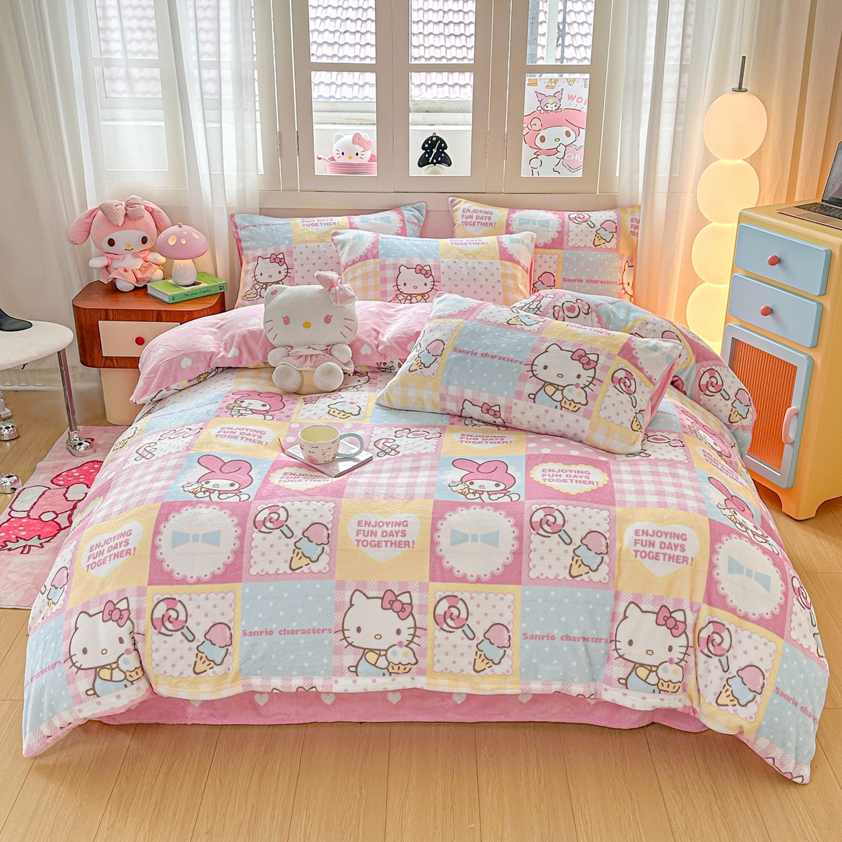 91家纺网 家纺一手货源 找家纺 博雅 2025新款三丽鸥正版授权高克重牛奶绒小版四件套提供买家秀 牛奶绒小版-粉色美乐蒂KT猫