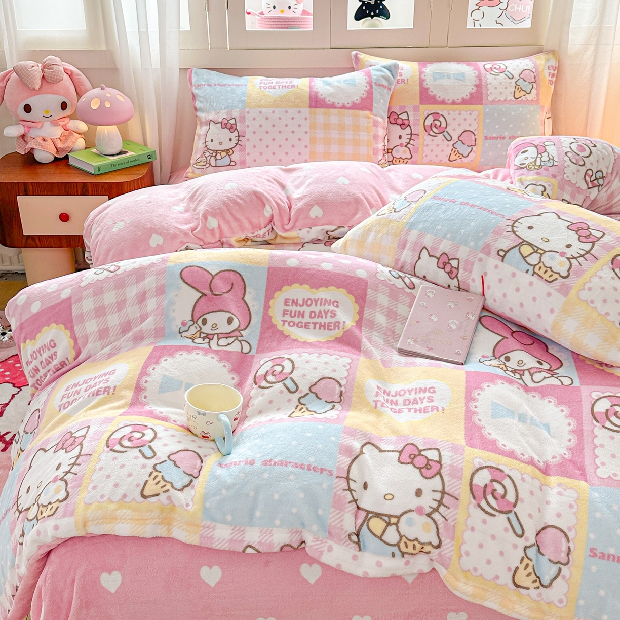 91家纺网 家纺一手货源 找家纺 博雅 2025新款三丽鸥正版授权高克重牛奶绒小版四件套提供买家秀 牛奶绒小版-粉色美乐蒂KT猫