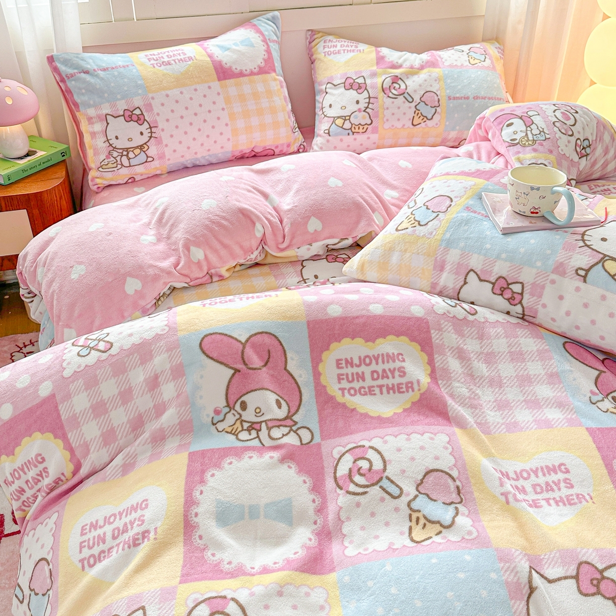 91家纺网 家纺一手货源 找家纺 博雅 2025新款三丽鸥正版授权高克重牛奶绒小版四件套提供买家秀 牛奶绒小版-粉色美乐蒂KT猫