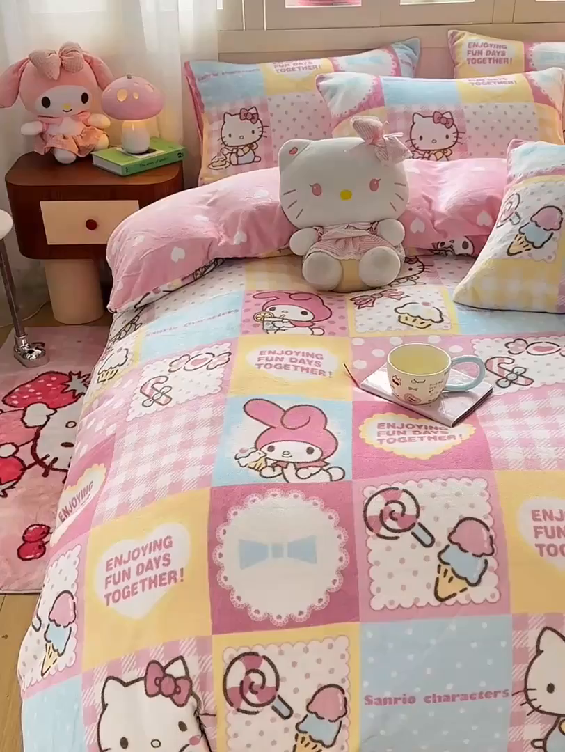 91家纺网 家纺一手货源 找家纺 博雅 2025新款三丽鸥正版授权高克重牛奶绒小版四件套提供买家秀 牛奶绒小版-粉色美乐蒂KT猫