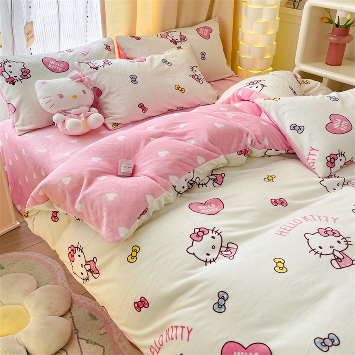 91家纺网 家纺一手货源 找家纺 博雅 2025新款三丽鸥正版授权高克重牛奶绒小版四件套提供买家秀 牛奶绒小版-蝴蝶结KT