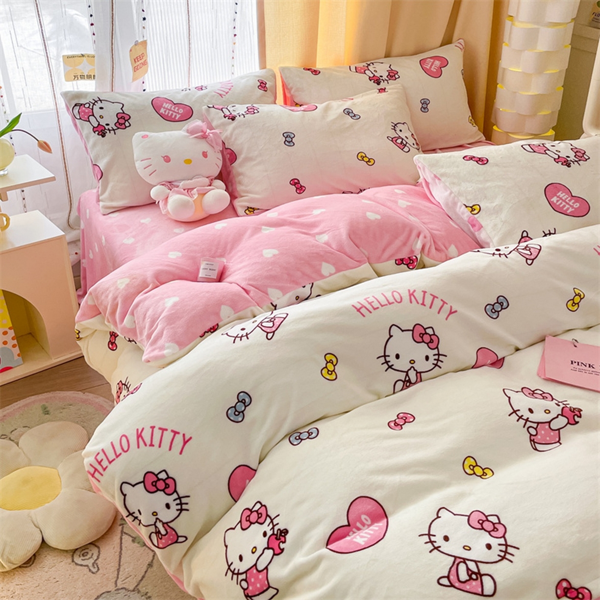 91家纺网 家纺一手货源 找家纺 博雅 2025新款三丽鸥正版授权高克重牛奶绒小版四件套提供买家秀 牛奶绒小版-蝴蝶结KT