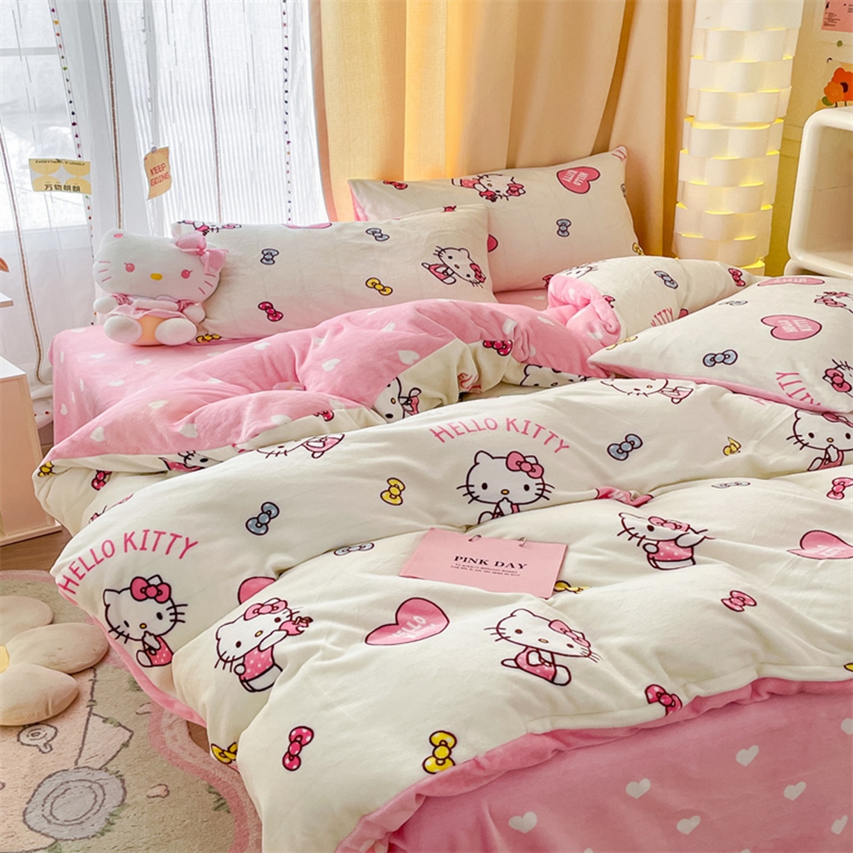 91家纺网 家纺一手货源 找家纺 博雅 2025新款三丽鸥正版授权高克重牛奶绒小版四件套提供买家秀 牛奶绒小版-蝴蝶结KT