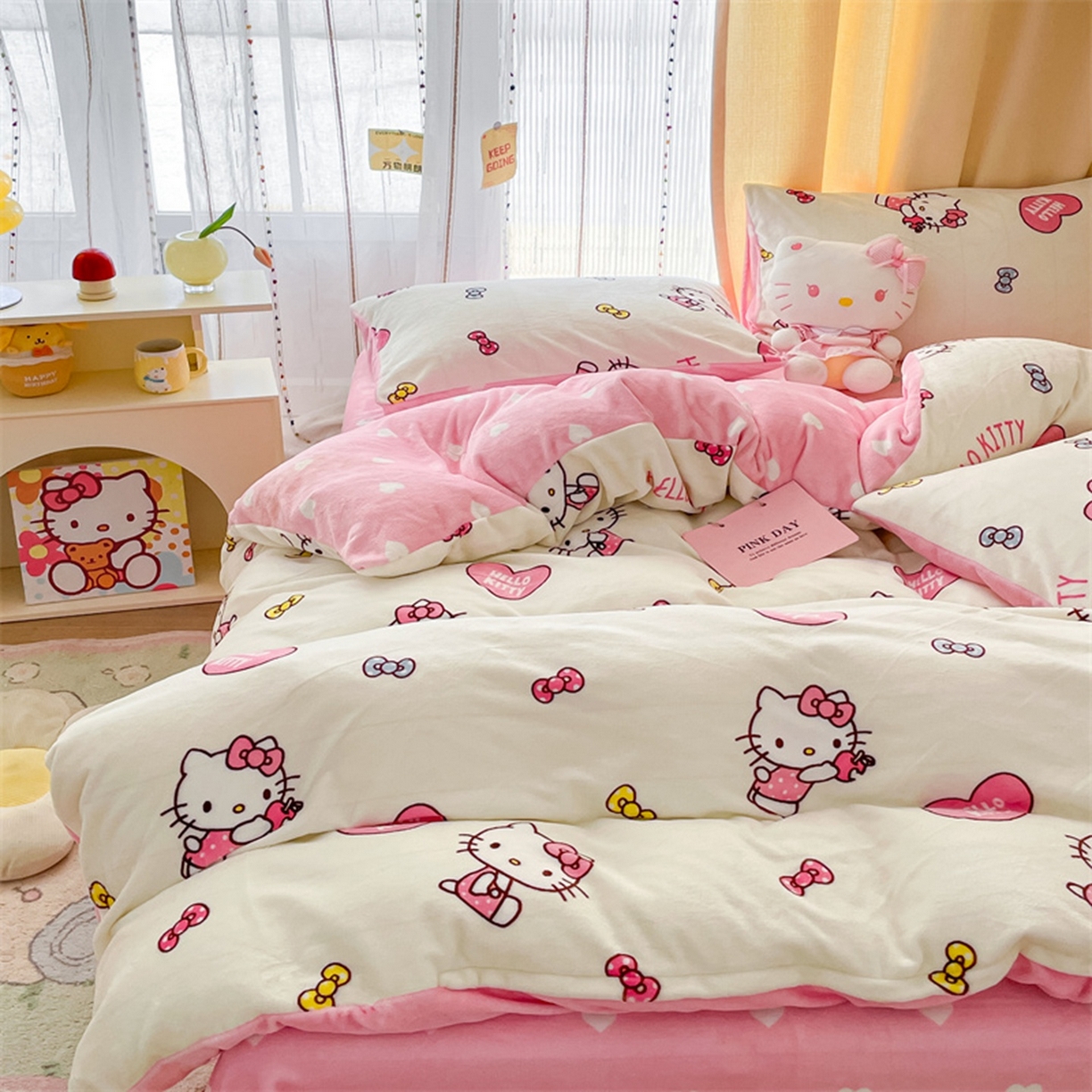 91家纺网 家纺一手货源 找家纺 博雅 2025新款三丽鸥正版授权高克重牛奶绒小版四件套提供买家秀 牛奶绒小版-蝴蝶结KT