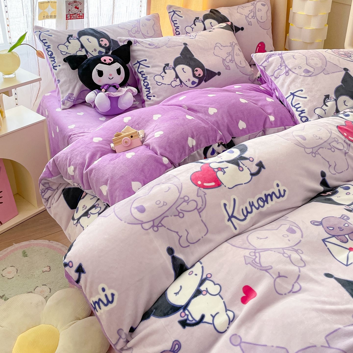 91家纺网 家纺一手货源 找家纺 博雅 2025新款三丽鸥正版授权高克重牛奶绒小版四件套提供买家秀 牛奶绒小版-开心库洛米