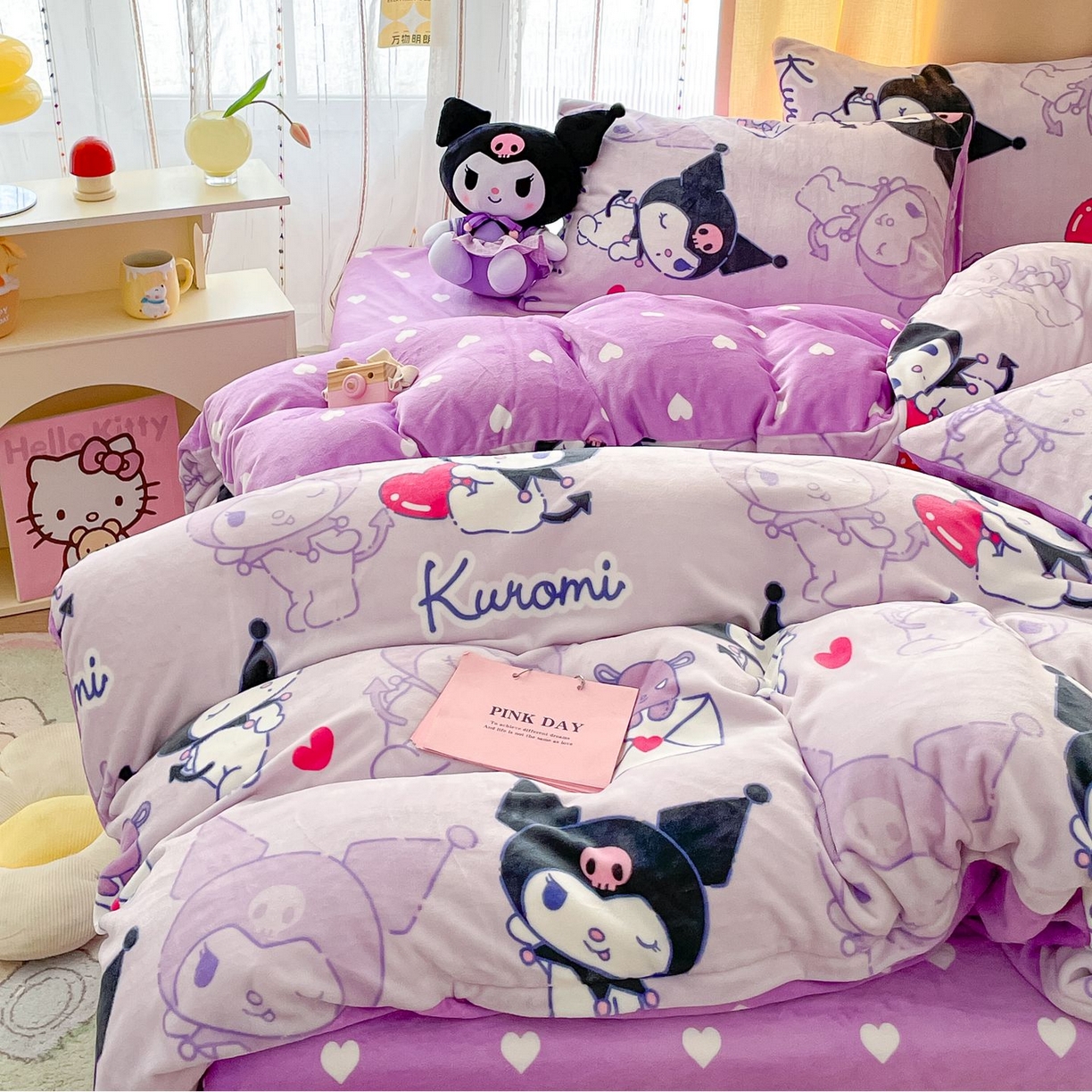 91家纺网 家纺一手货源 找家纺 博雅 2025新款三丽鸥正版授权高克重牛奶绒小版四件套提供买家秀 牛奶绒小版-开心库洛米