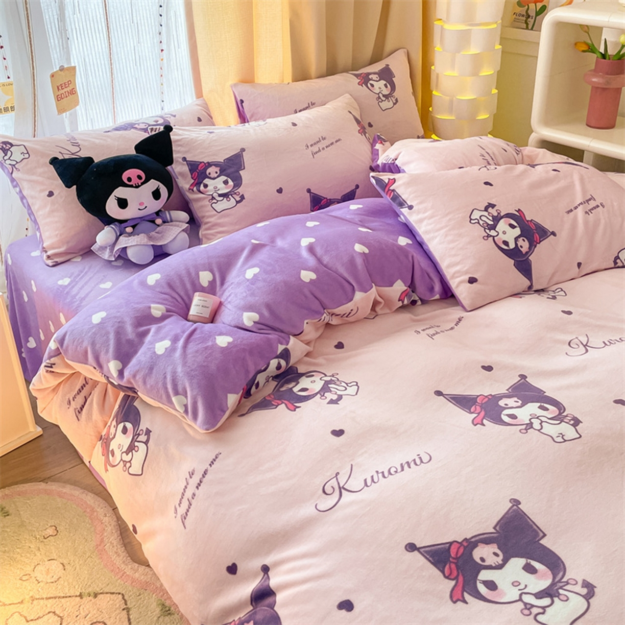 91家纺网 家纺一手货源 找家纺 博雅 2025新款三丽鸥正版授权高克重牛奶绒小版四件套提供买家秀 牛奶绒小版-库洛米之心-专版