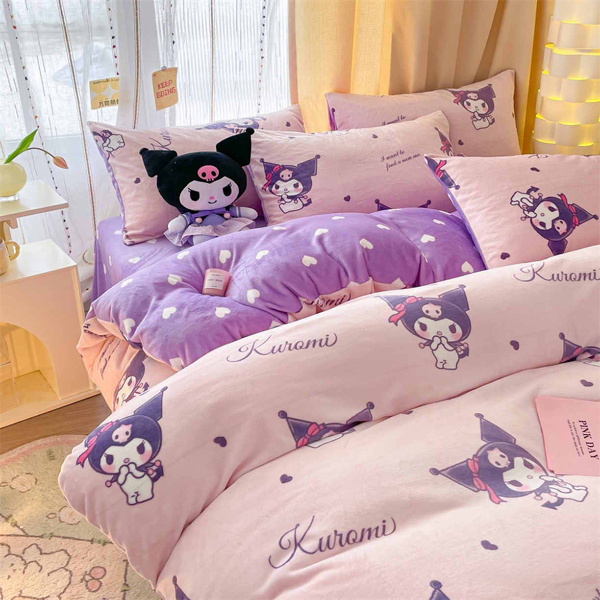 91家纺网 家纺一手货源 找家纺 博雅 2025新款三丽鸥正版授权高克重牛奶绒小版四件套提供买家秀 牛奶绒小版-库洛米之心-专版