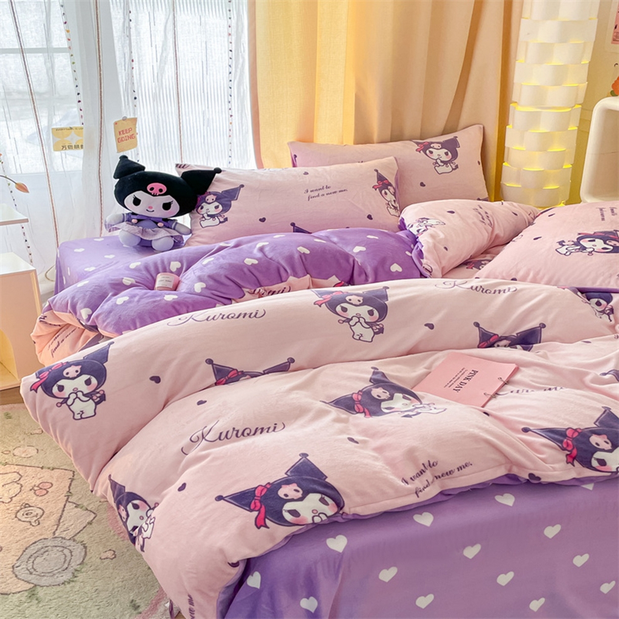 91家纺网 家纺一手货源 找家纺 博雅 2025新款三丽鸥正版授权高克重牛奶绒小版四件套提供买家秀 牛奶绒小版-库洛米之心-专版