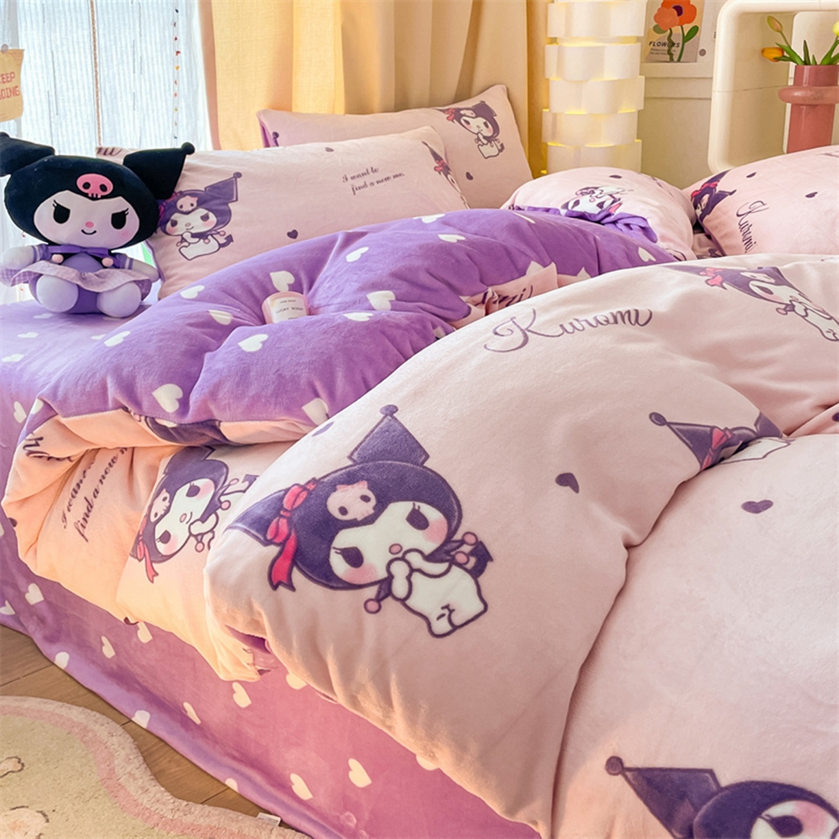 91家纺网 家纺一手货源 找家纺 博雅 2025新款三丽鸥正版授权高克重牛奶绒小版四件套提供买家秀 牛奶绒小版-库洛米之心-专版