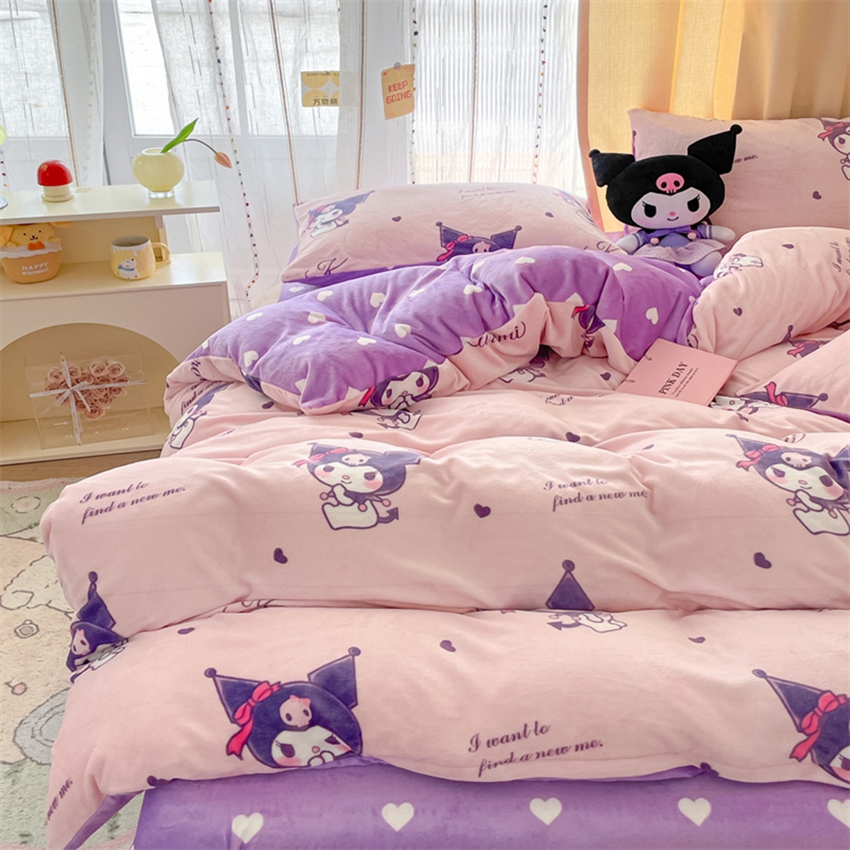 91家纺网 家纺一手货源 找家纺 博雅 2025新款三丽鸥正版授权高克重牛奶绒小版四件套提供买家秀 牛奶绒小版-库洛米之心-专版