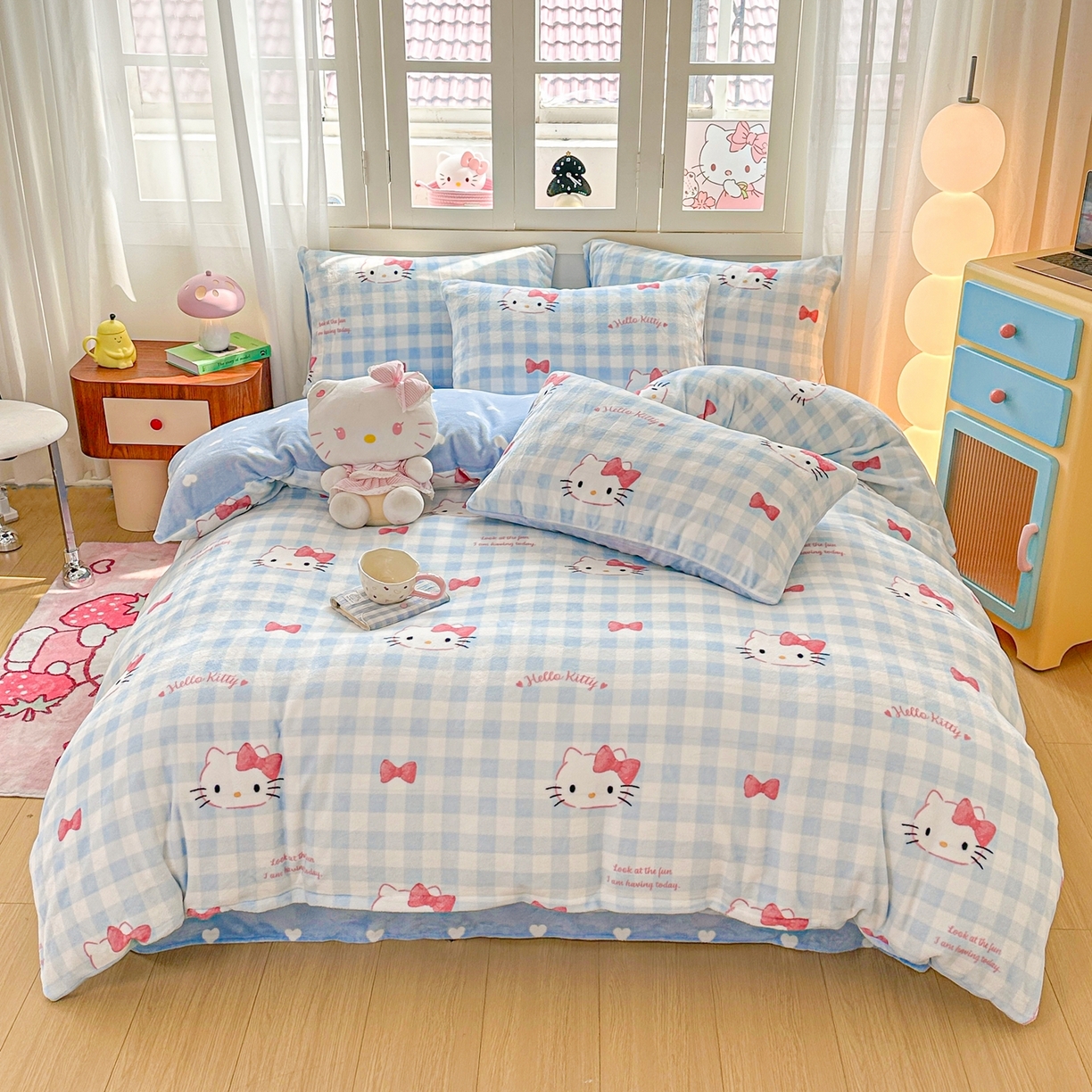 91家纺网 家纺一手货源 找家纺 博雅 2025新款三丽鸥正版授权高克重牛奶绒小版四件套提供买家秀 牛奶绒小版-蓝色蝴蝶结KT