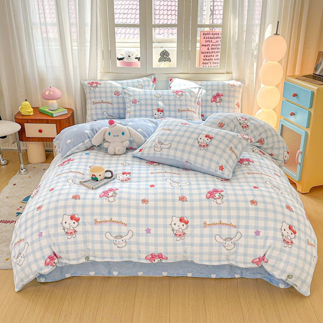 91家纺网 家纺一手货源 找家纺 博雅 2025新款三丽鸥正版授权高克重牛奶绒小版四件套提供买家秀 牛奶绒小版-蓝色KT猫玉桂狗