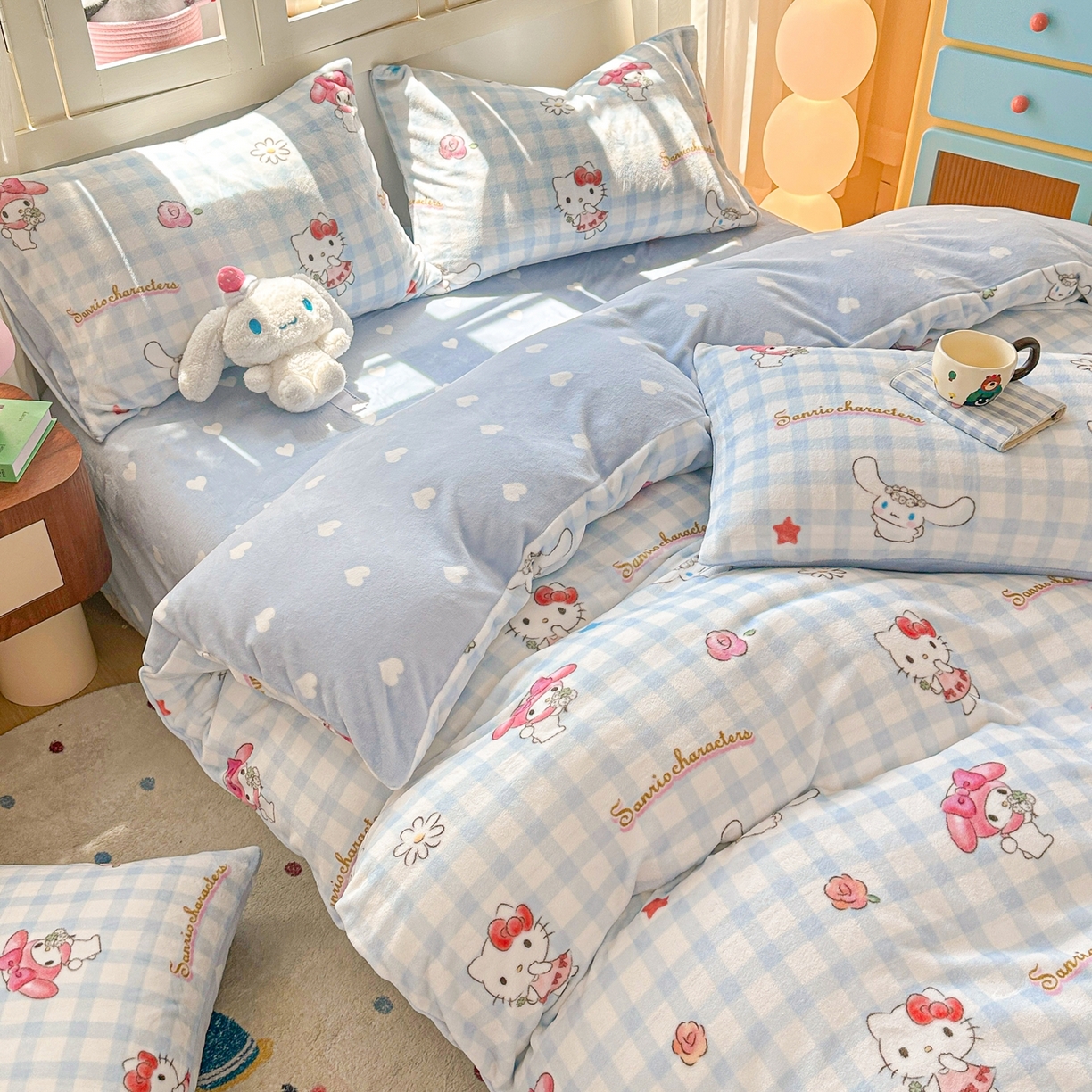 91家纺网 家纺一手货源 找家纺 博雅 2025新款三丽鸥正版授权高克重牛奶绒小版四件套提供买家秀 牛奶绒小版-蓝色KT猫玉桂狗