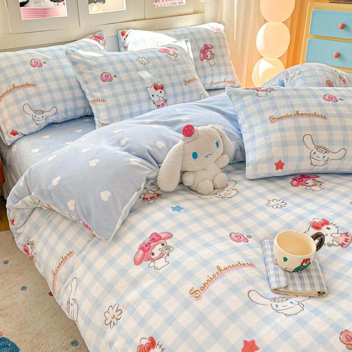 91家纺网 家纺一手货源 找家纺 博雅 2025新款三丽鸥正版授权高克重牛奶绒小版四件套提供买家秀 牛奶绒小版-蓝色KT猫玉桂狗