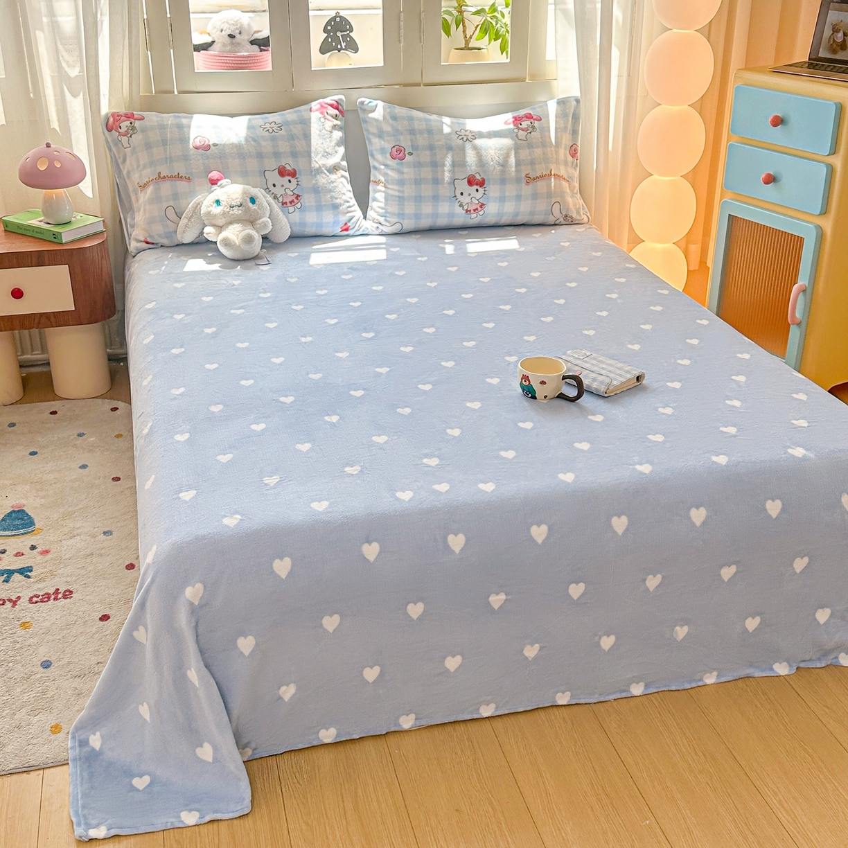 91家纺网 家纺一手货源 找家纺 博雅 2025新款三丽鸥正版授权高克重牛奶绒小版四件套提供买家秀 牛奶绒小版-蓝色KT猫玉桂狗