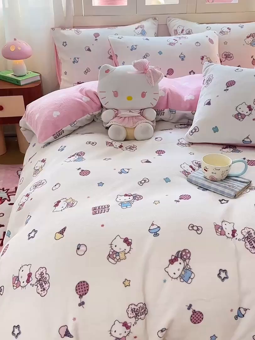 91家纺网 家纺一手货源 找家纺 博雅 2025新款三丽鸥正版授权高克重牛奶绒小版四件套提供买家秀 牛奶绒小版-美美KT专版花型