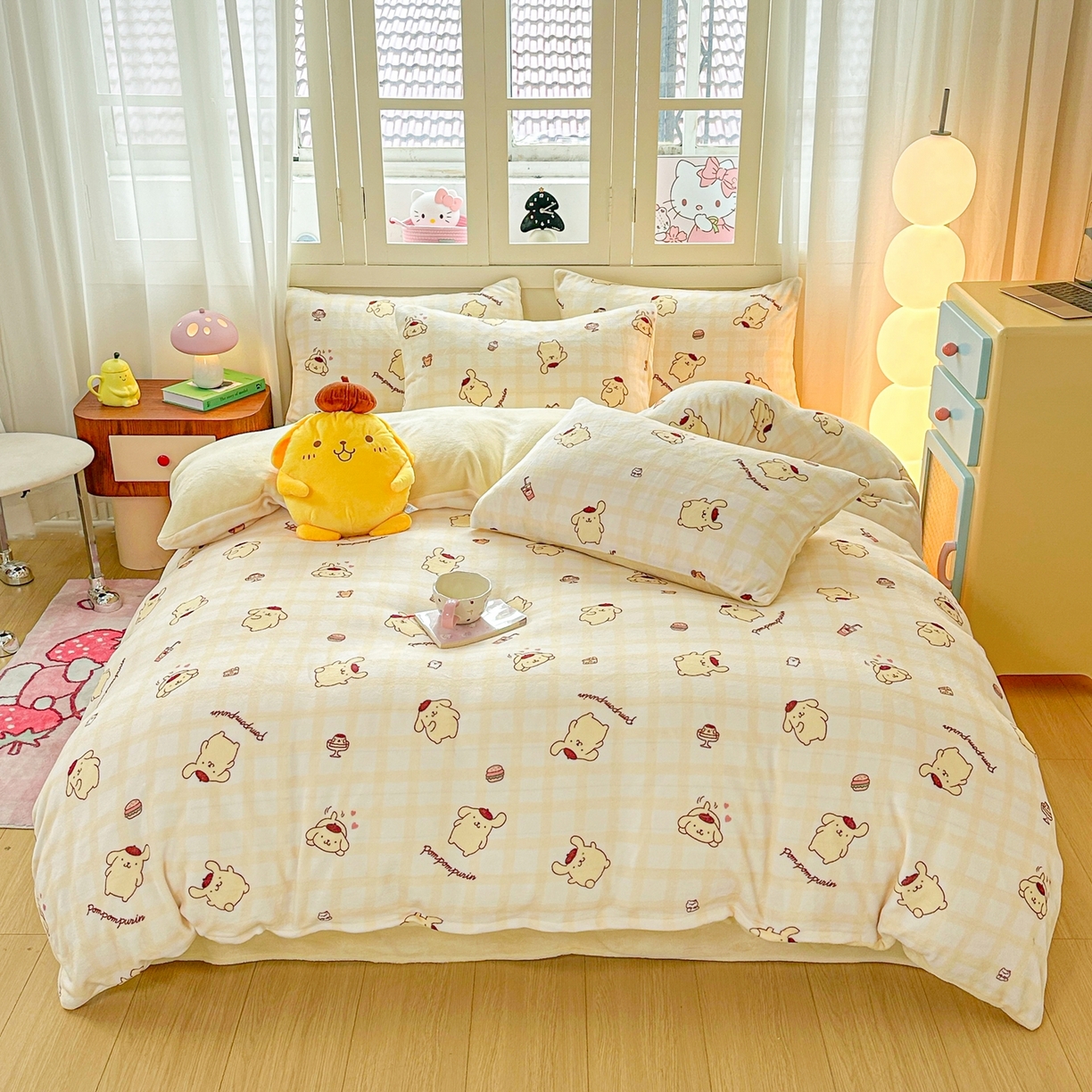 91家纺网 家纺一手货源 找家纺 博雅 2025新款三丽鸥正版授权高克重牛奶绒小版四件套提供买家秀 牛奶绒小版-美食布丁狗