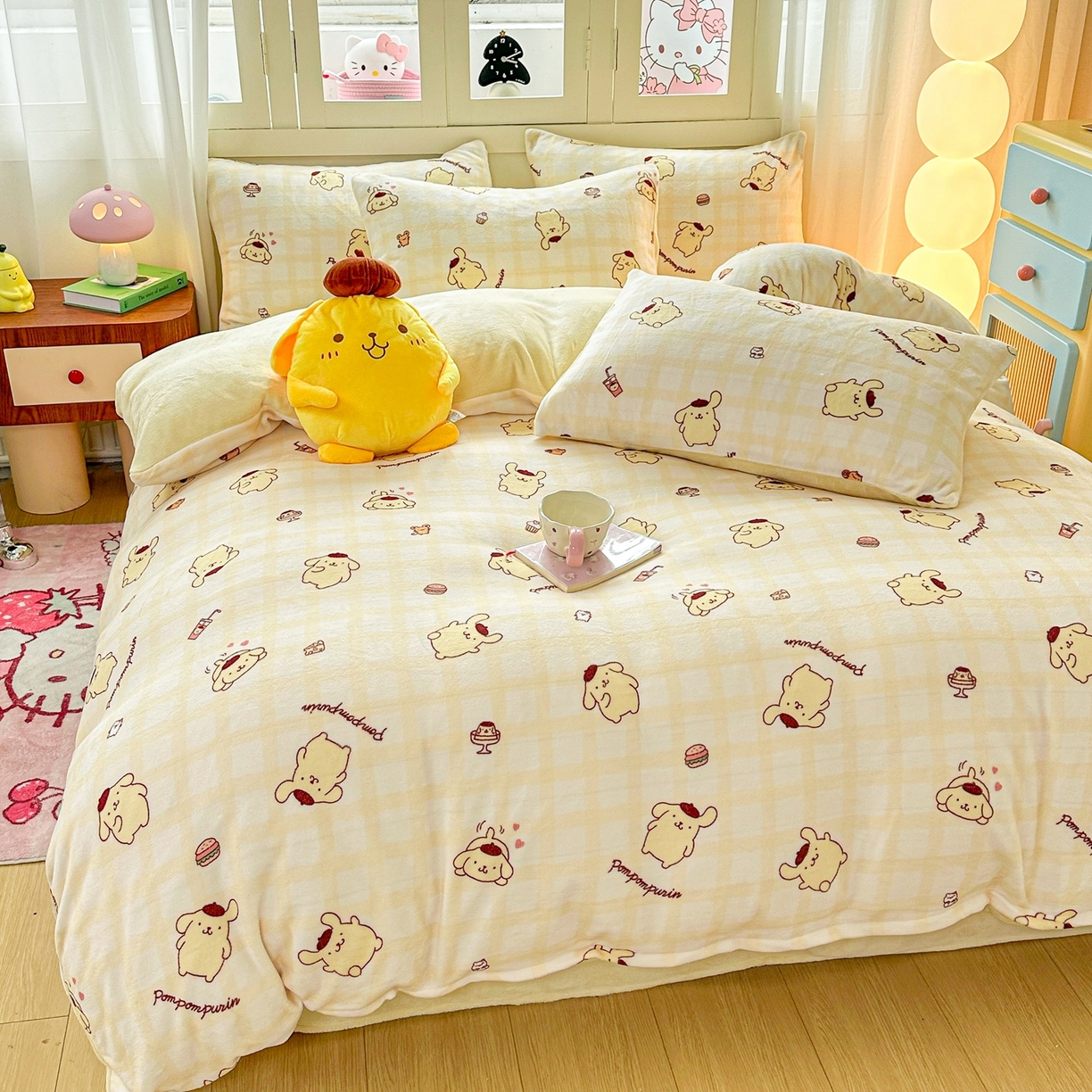 91家纺网 家纺一手货源 找家纺 博雅 2025新款三丽鸥正版授权高克重牛奶绒小版四件套提供买家秀 牛奶绒小版-美食布丁狗