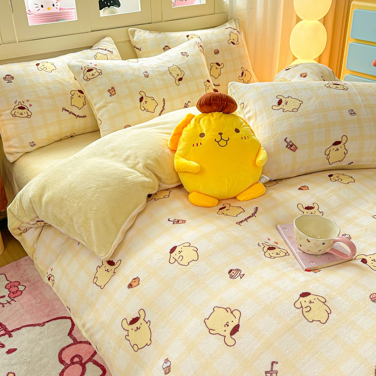 91家纺网 家纺一手货源 找家纺 博雅 2025新款三丽鸥正版授权高克重牛奶绒小版四件套提供买家秀 牛奶绒小版-美食布丁狗