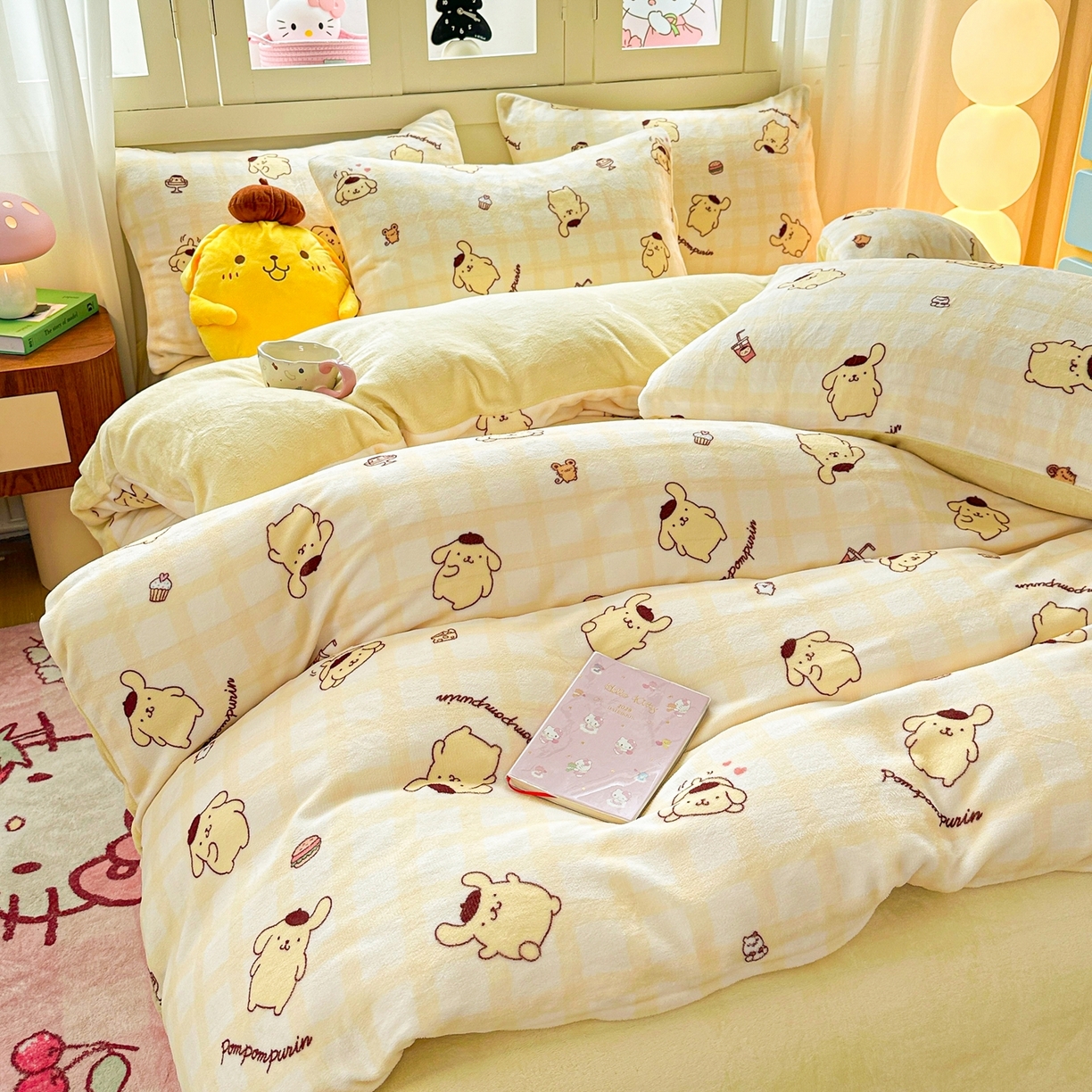 91家纺网 家纺一手货源 找家纺 博雅 2025新款三丽鸥正版授权高克重牛奶绒小版四件套提供买家秀 牛奶绒小版-美食布丁狗